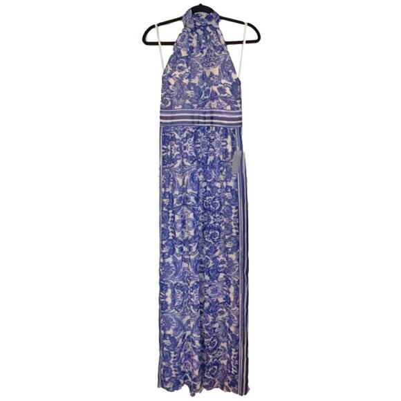 Eliza J Blue & White Floral Halter Maxi Dress / Gown - Size 8 - NWT - Picture 2 of 5